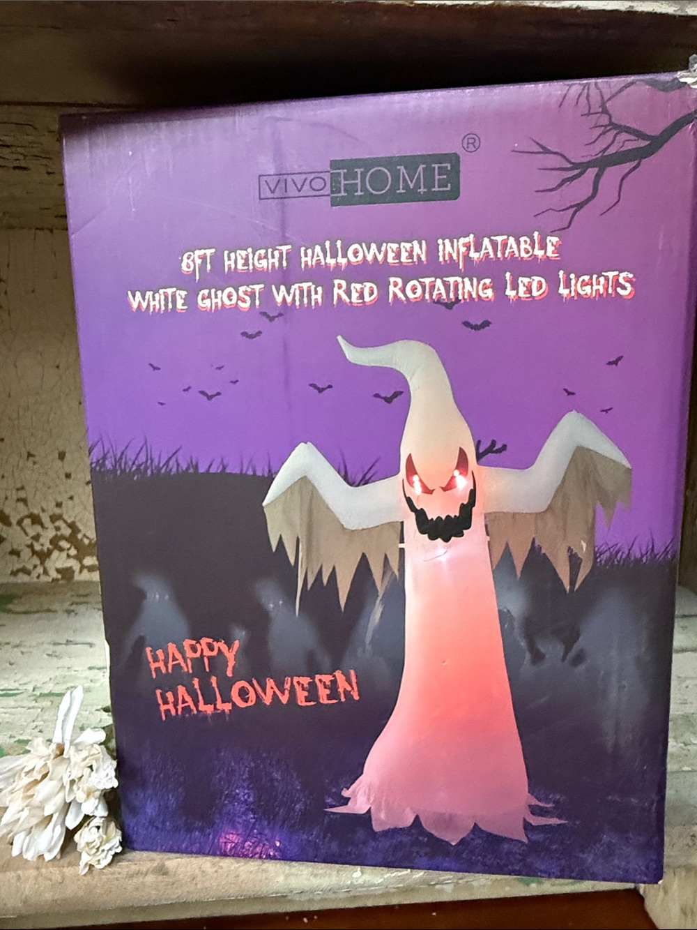 👻 8’ Halloween Inflatable White Ghost with Red Rotating LED Lights